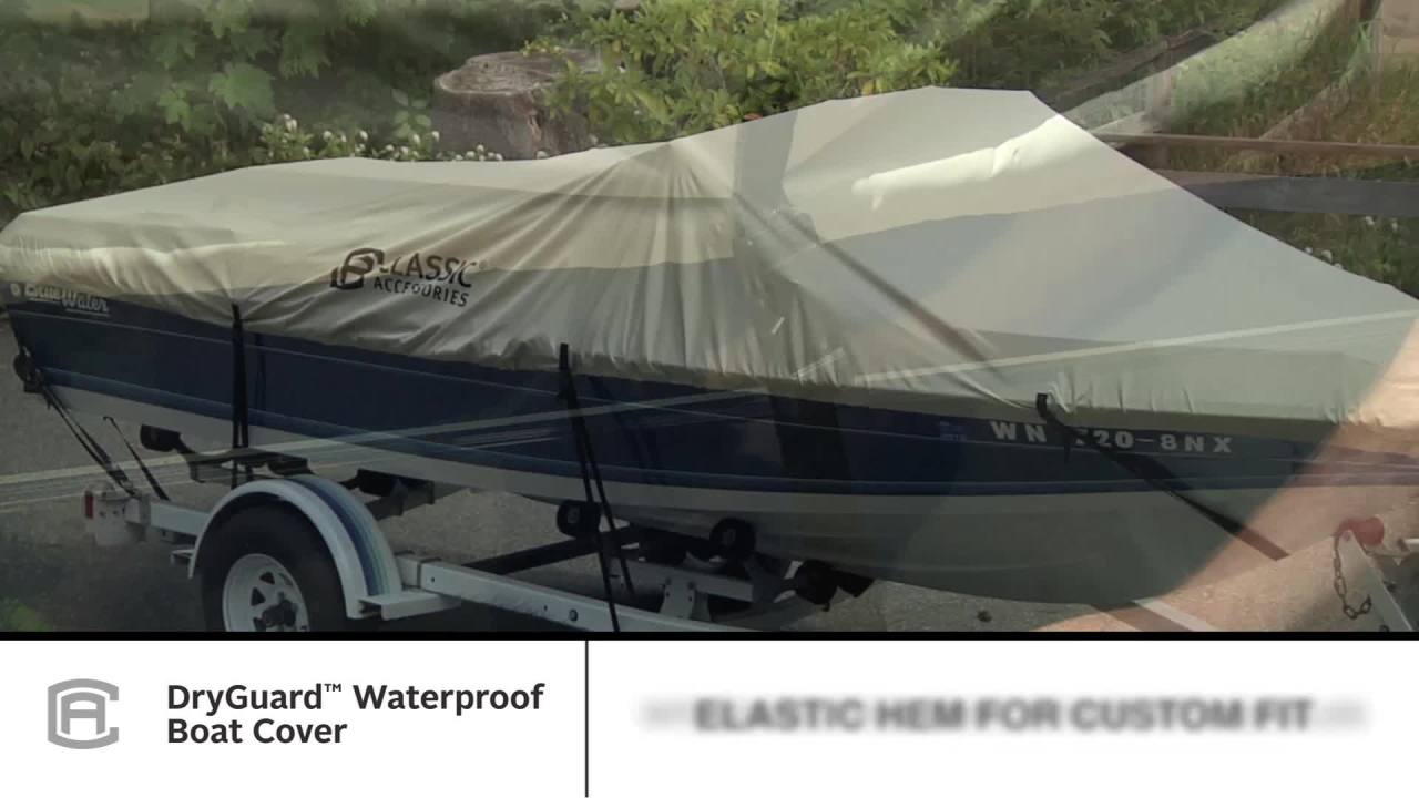 thumbnail video image 2 of Classic Accessories DryGuard™ Waterproof Boat Cover, Fits Boats 16' - 18.5' L x 98" W, Trailerable Boat Cover with Bow, Windshield and Stern Reinforcement Panels, Model C, 2 of 8