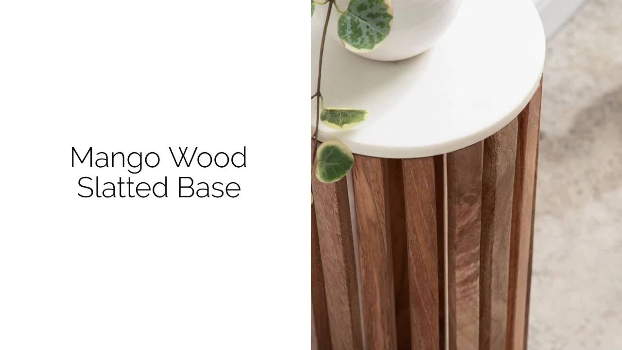 thumbnail video image 2 of Kate and Laurel Paynter Marble Drink Table, 9 x 24, White and Gold, Tall Slatted Plant Stand Table with Marble Top for Use as Accent Living Room Table, 2 of 10