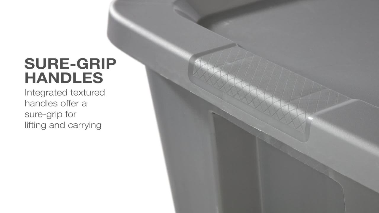 thumbnail video image 2 of Sterilite Large Storage Bin, 18 Gallon Plastic Storage Container with Snap-On Lid, Red, Pack of 8, 2 of 7