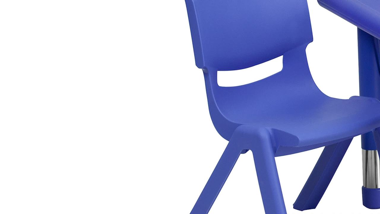 thumbnail video image 2 of Flash Furniture 24'' Square Blue Plastic Height Adjustable Activity Table Set with 2 Chairs, 2 of 10