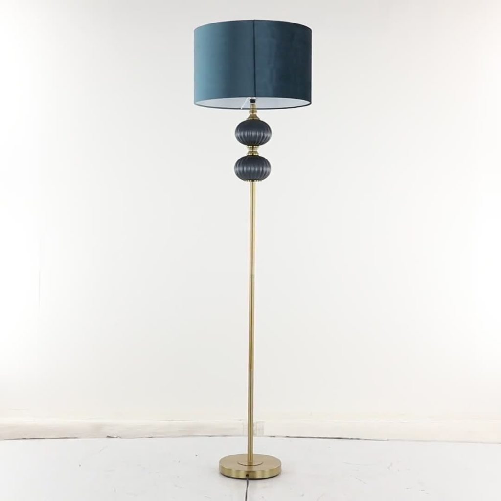 thumbnail video image 2 of DecMode 69" Ribbed Blue Floor Lamp with Blue Velvet Shade, 2 of 17
