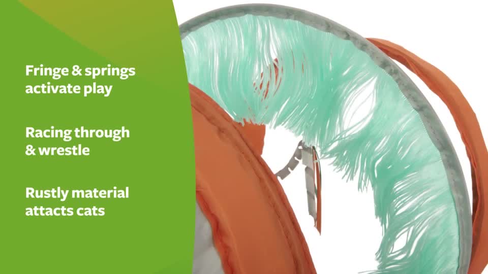 thumbnail video image 2 of SmartyKat Fringe Frenzy Spring-Ended Collapsible Cat Activity Tunnel with Fringe & Ribbons, 2 of 10