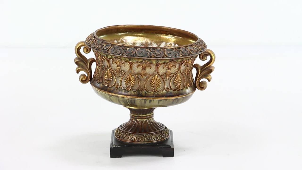 thumbnail video image 2 of DecMode 10" Round Ornate Fleur De Lis Gold Polystone Decorative Bowl, 2 of 8