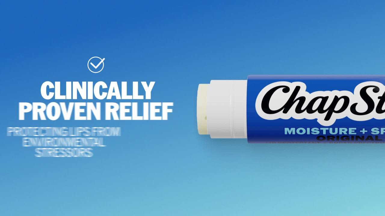 thumbnail video image 2 of ChapStick Moisture + SPF 15 Lip Protectant with Broad Spectrum Sunscreen, Relieves Dryness, 24 Hour Moisture, Hydrating Lip Balm, 3-Pack, 0.15 oz Each, 2 of 11