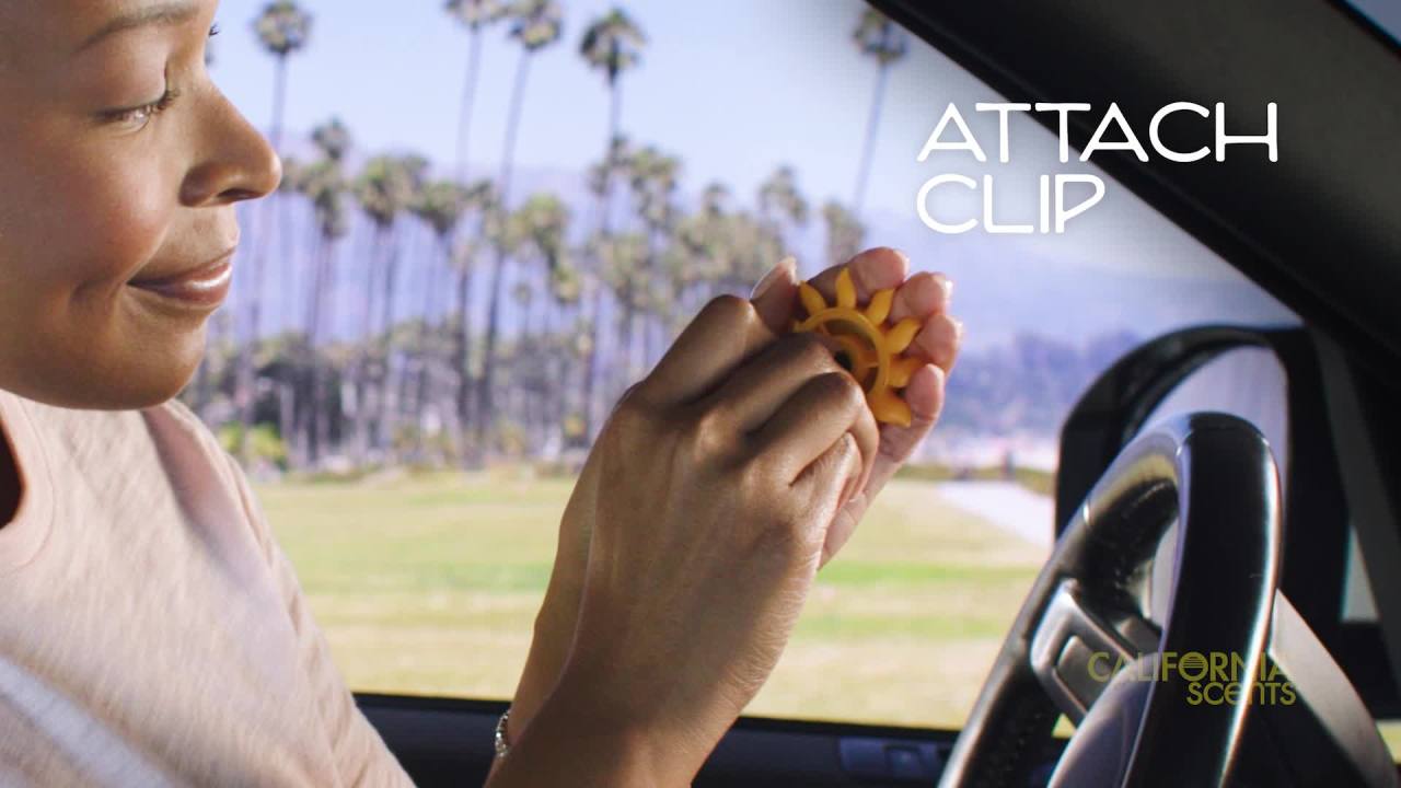 thumbnail video image 2 of California Scents Novelty Sun Spinner Car Air Freshener Vent Clip, Tropical Colada Scent, 2 of 10