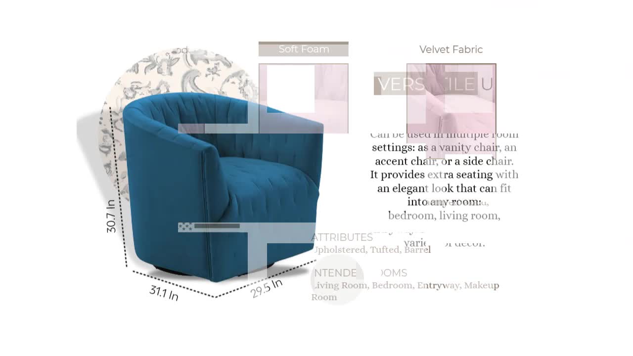 thumbnail video image 2 of Rustic Manor Karly Velvet Stitched Tufted Accent Armchair with Swivel Base, Elegant Barrel Chair, Yellow, 2 of 8