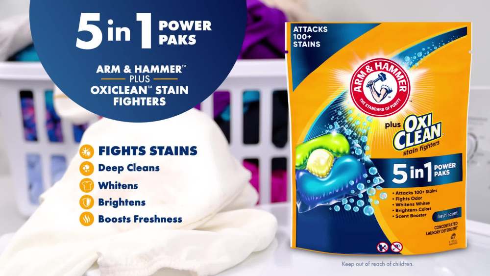 thumbnail video image 2 of ARM & HAMMER Plus OxiClean Stain Fighters: 5-in-1 Laundry Detergent Power Paks, Laundry Stain Remover, Attacks 100 Plus Stains, Fresh Scent, 24 Count, 2 of 14