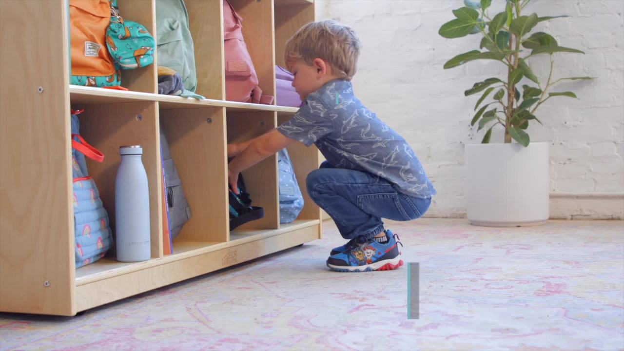thumbnail video image 2 of ECR4Kids 8-Compartment Mobile Backpack Storage Cabinet, Classroom Furniture, Natural, 2 of 10