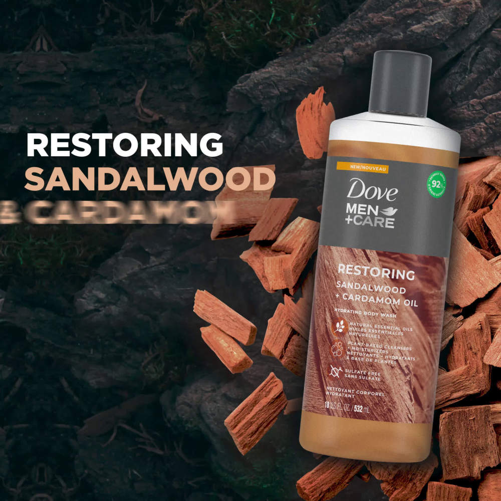 Dove Men+Care Restoring Liquid Body Wash Sandalwood + Cardamom Oil, 18