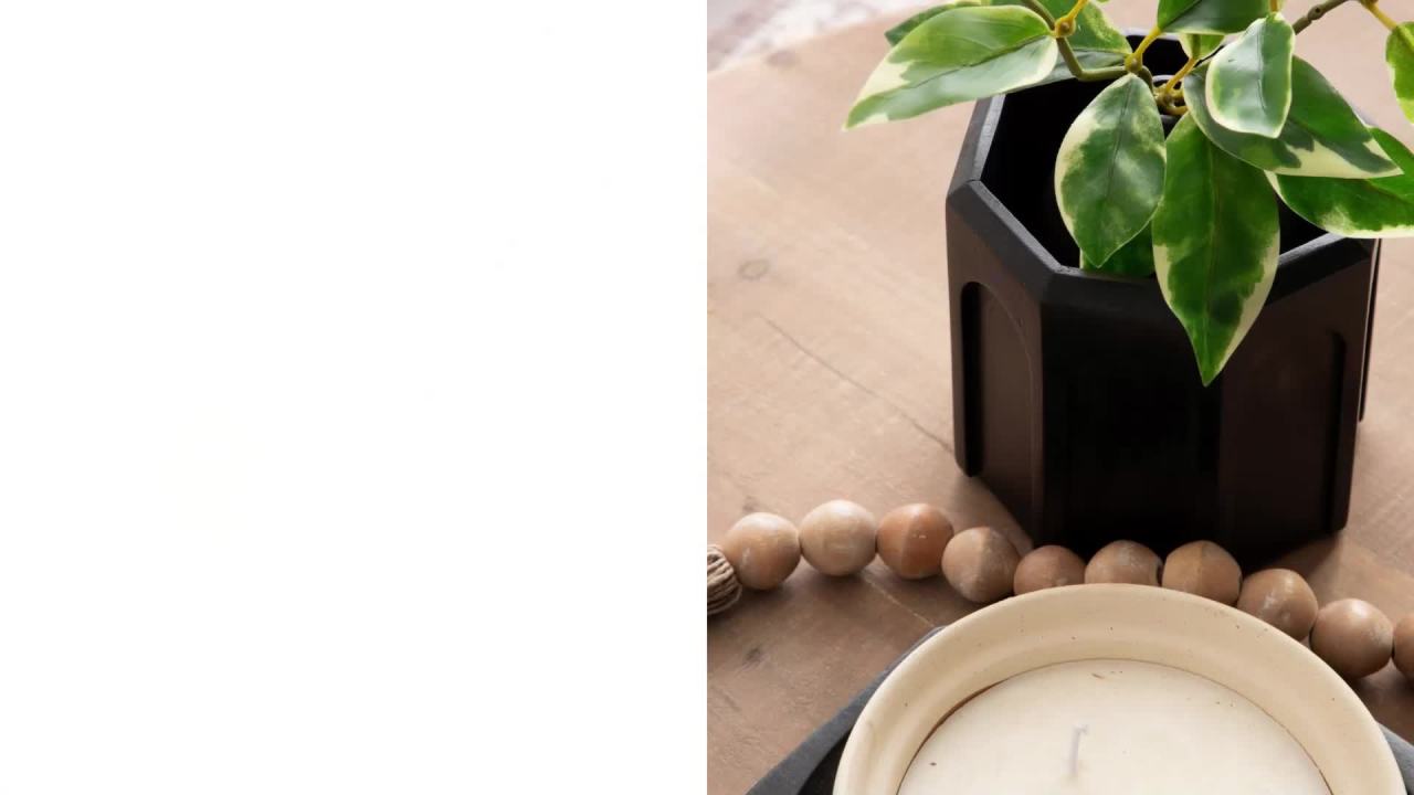 thumbnail video image 2 of Kate and Laurel Anaya Wooden Three-Piece Decor Accent Set, Walnut Brown, Set of 3, Modern Tabletop Decor Set including Planter Pot, Accent Tray, and Beaded Rope, 2 of 10