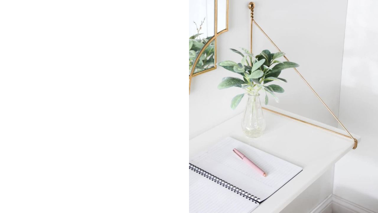thumbnail video image 2 of Kate and Laurel Vista Modern Wall Mounted Desk, 38 x 14 x 16, White and Gold, Glam Hanging Desk for Office and School, 2 of 11