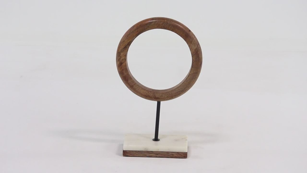 thumbnail video image 2 of 9" x 14" Brown Mango Wood Circle Geometric Sculpture with Marble Stand, by DecMode, 2 of 9