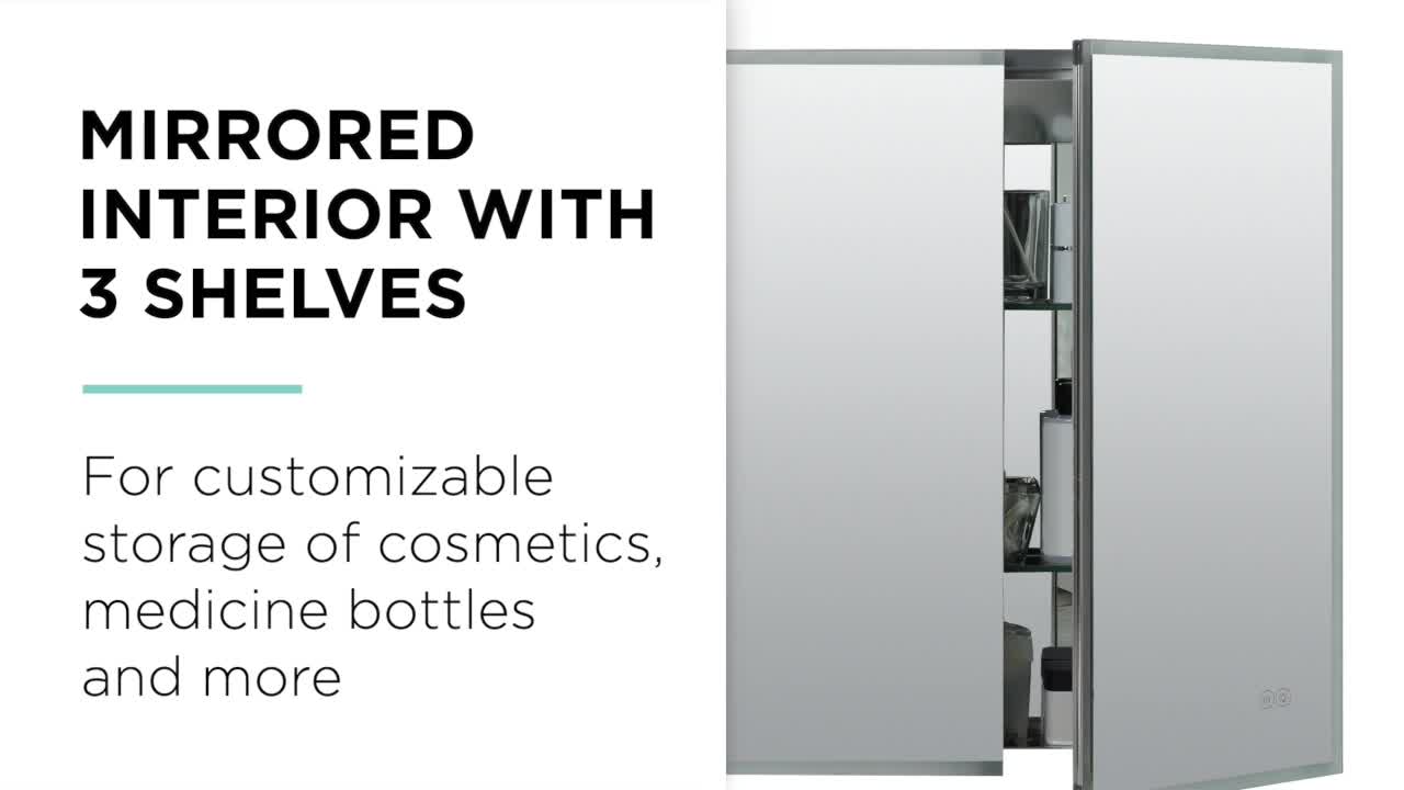thumbnail video image 2 of Designer Series by Zenna Home Edge-Lit Framed LED Mirror Medicine Cabinet in Aluminum, Bi-view, 2 of 8
