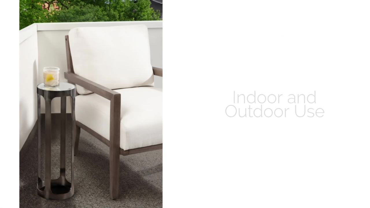 thumbnail video image 2 of Kate and Laurel Dahl Modern Round Glass Top Outdoor Drink Table, 8 x 8 x 23, Clear Glass and Gray Gunmetal, Circle Pedestal Patio Mini Table for Living Room Plant Stand or Small Bedroom Nightstand, 2 of 9