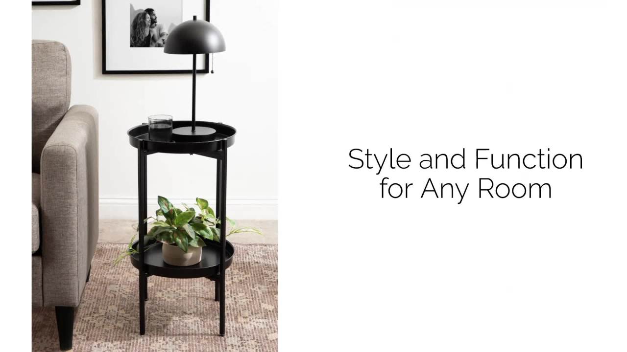 thumbnail video image 2 of Kate and Laurel Celia Round Metal Foldable Tiered Side Table, 16 x 26, Gold, Modern Accent Table with Mirrored Magnetic Tray Tabletops and Space-Saving Folding Base, 2 of 9