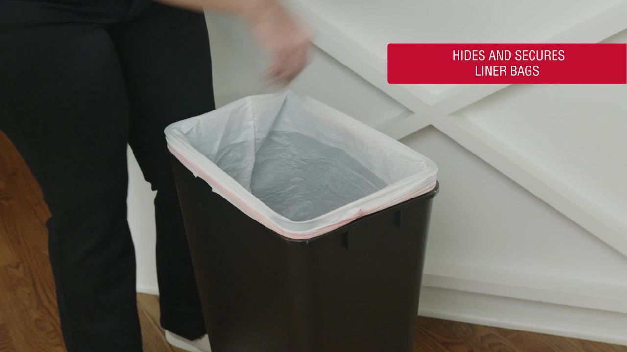 thumbnail video image 2 of Rubbermaid Kitchen Trash Can, 12.2 Gallon Plastic Swing Lid Garbage Bin, Black, 2 of 8