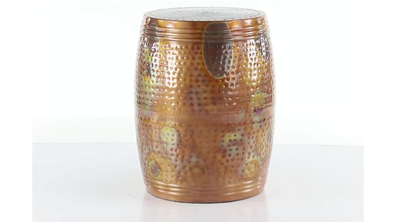 thumbnail video image 2 of DecMode Copper Metal Drum Handmade Side End Accent Table with Hammered Design, 14" x 14" x 19", 2 of 14