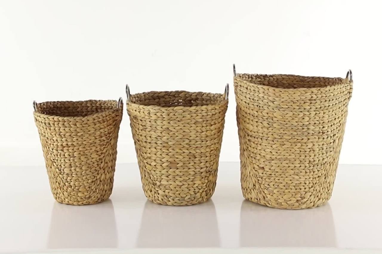 thumbnail video image 2 of DecMode 15", 17", 19"H Brown Seagrass Handmade Storage Basket with Metal Handles, 3-Pieces, 2 of 10