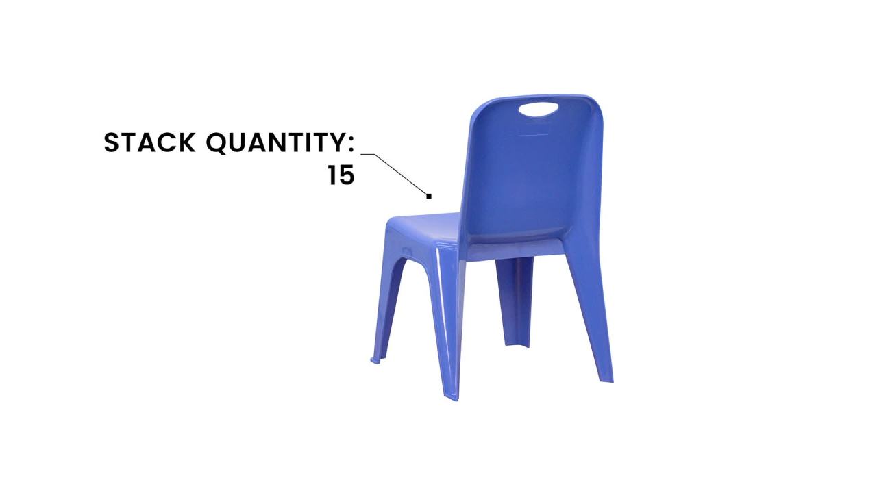 thumbnail video image 2 of Flash Furniture Whitney 10 Pack Blue Plastic Stackable School Chair with Carrying Handle and 11'' Seat Height, 2 of 12