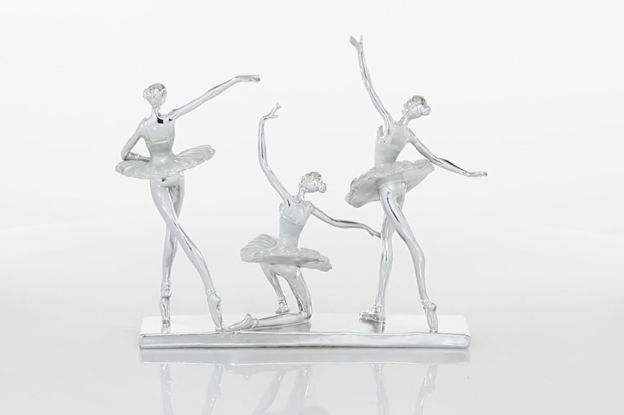 thumbnail video image 2 of DecMode Polystone Glam Polished Silver Three Ballerina Dancers Sculpture, 14"W x 12"H, 2 of 9