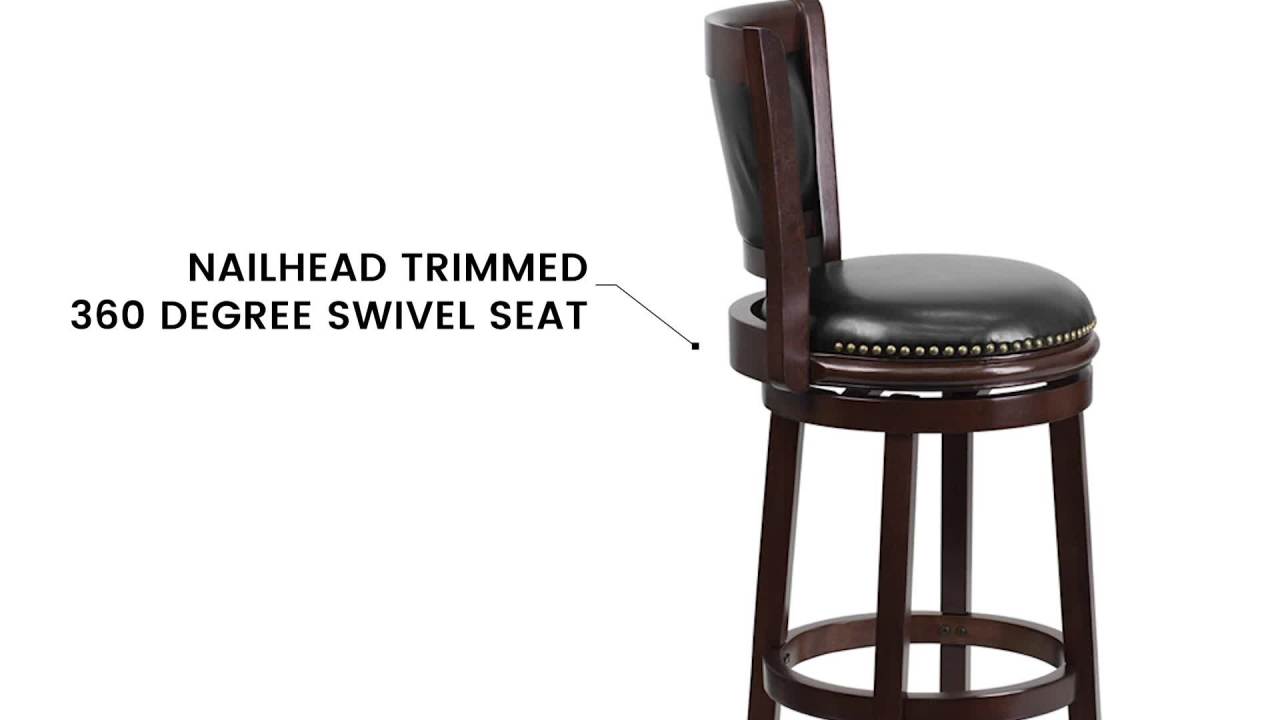 thumbnail video image 2 of Flash Furniture Mark 29'' High Cappuccino Wood Barstool with Panel Back and Black LeatherSoft Swivel Seat, 2 of 12