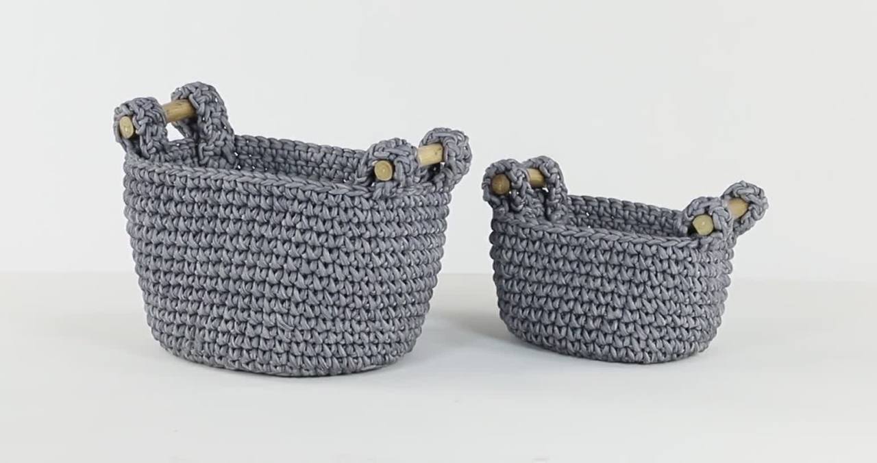 thumbnail video image 2 of DecMode 13", 11"H Gray Polyester Handmade Storage Basket with Handles, 2-Pieces, 2 of 9