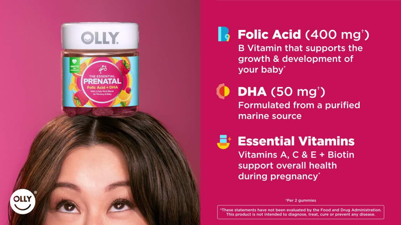 thumbnail video image 2 of OLLY Prenatal Multivitamin Gummy Supplement, Folic Acid, Omega 3 DHA, 84 Count, 2 of 14