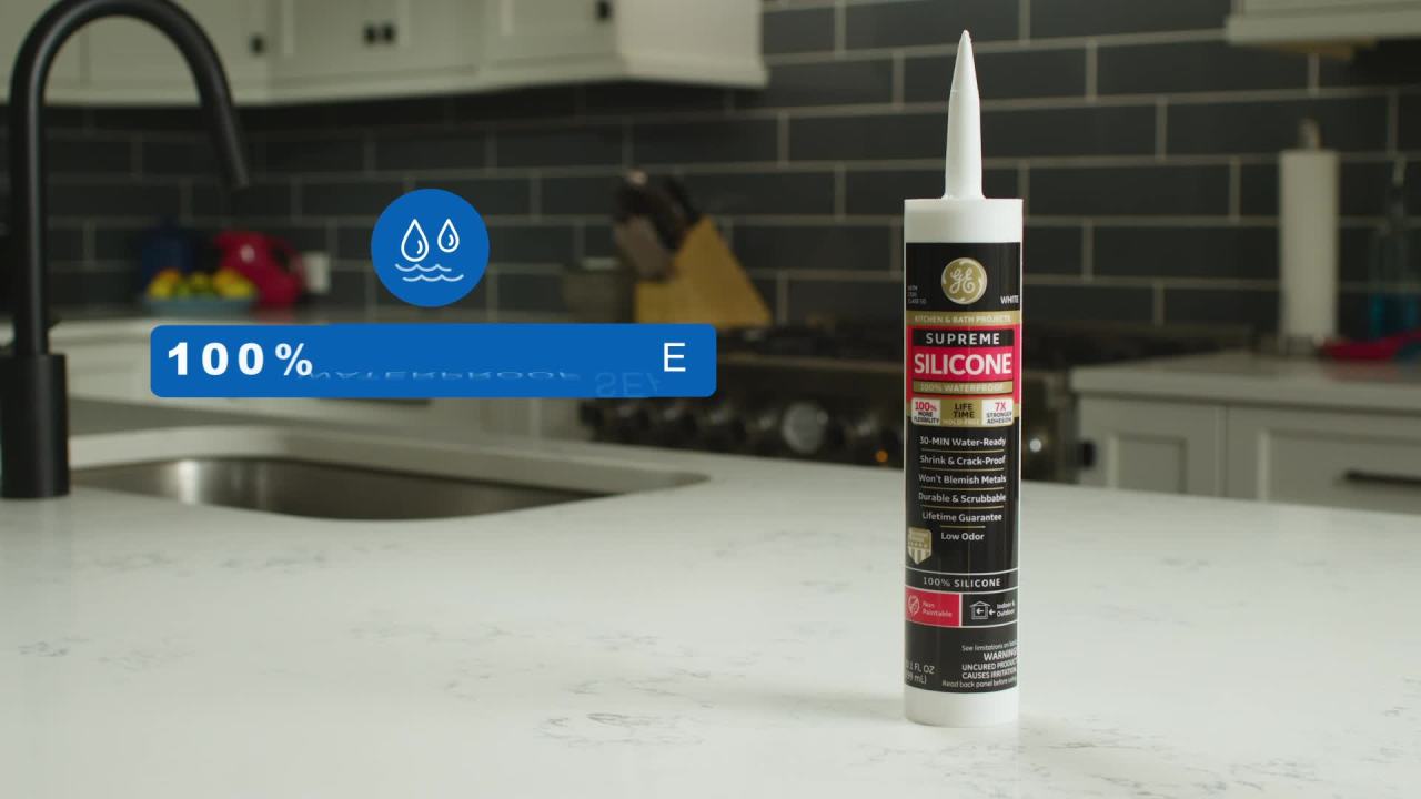 thumbnail video image 2 of GE Supreme Silicone Kitchen & Bath Sealant, Pack of 1, White 2.8 fl oz Tube, 2 of 14