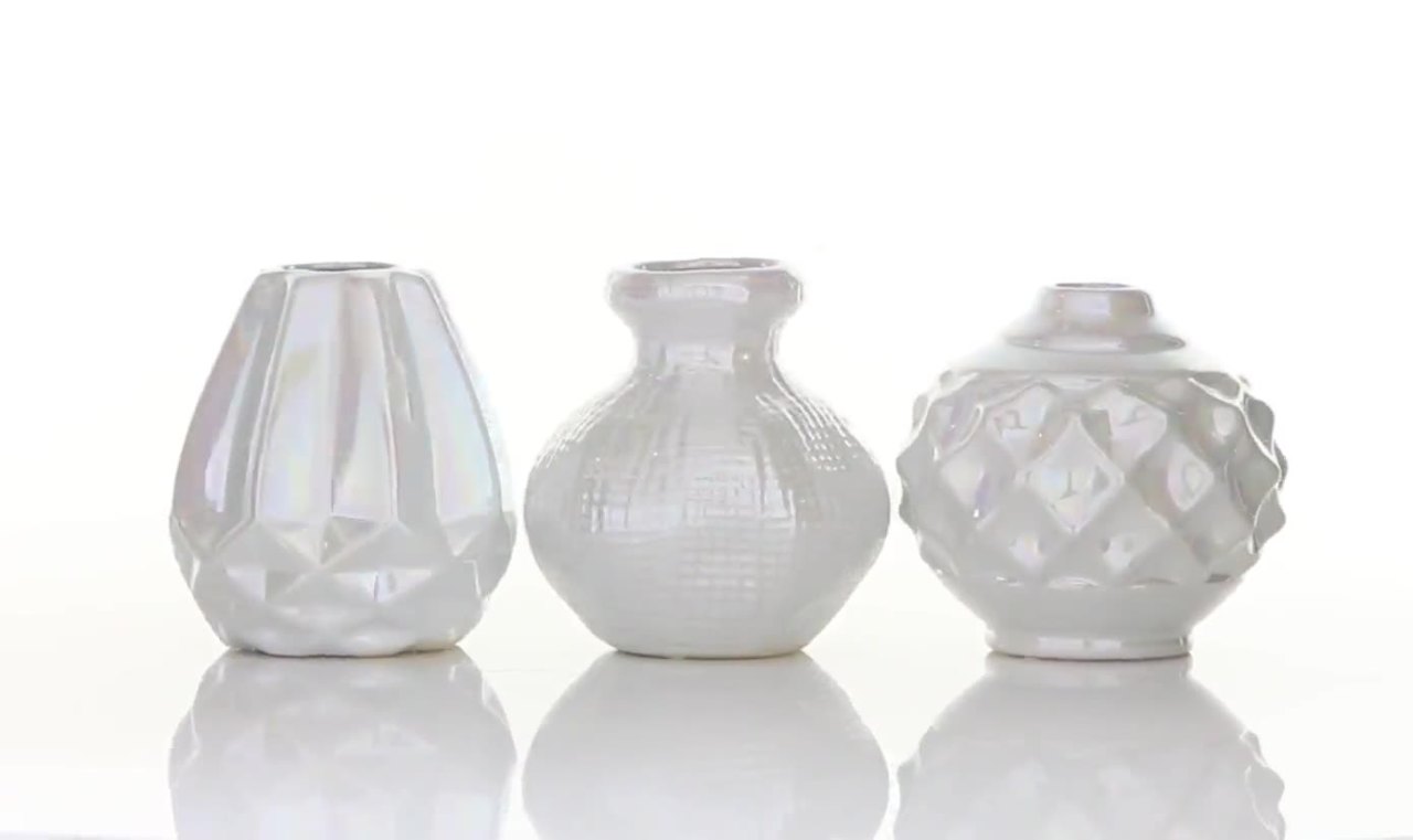 thumbnail video image 2 of CosmoLiving by Cosmopolitan 6"W, 6"H Cream Ceramic Vase with Varying Patterns, Set of 3, 2 of 11