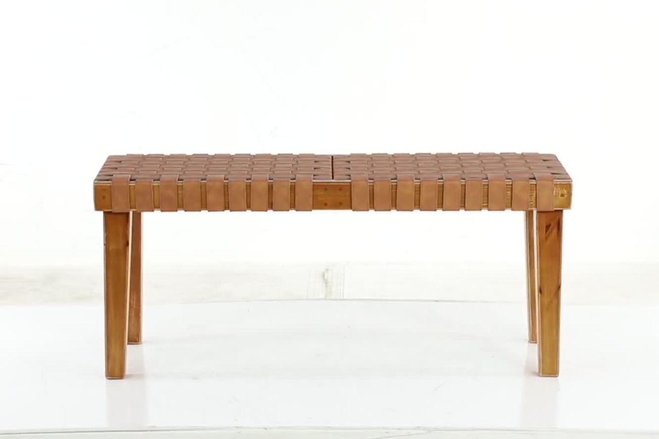 thumbnail video image 2 of DecMode Rustic Rectangular Weave Pattern Wood Bench with Polished Brown Finish, 45"W x 19"H, 2 of 16