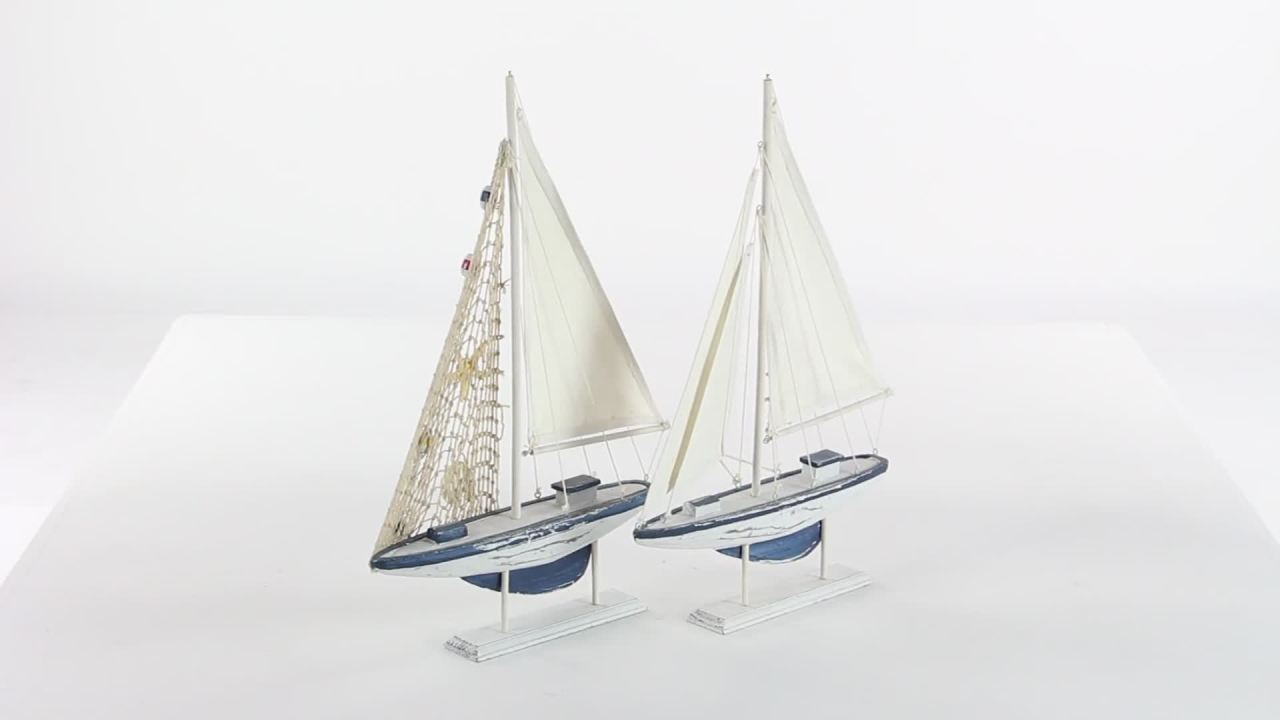 thumbnail video image 2 of DecMode White Wood Sail Boat Handmade Decorative Sculpture, 2 Set of 20"H, 13"W, 2 of 17