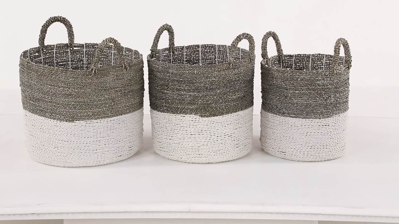 thumbnail video image 2 of DecMode 17", 16", 14" White Sea Grass Contemporary Storage Basket, 3 - Pieces, 2 of 11