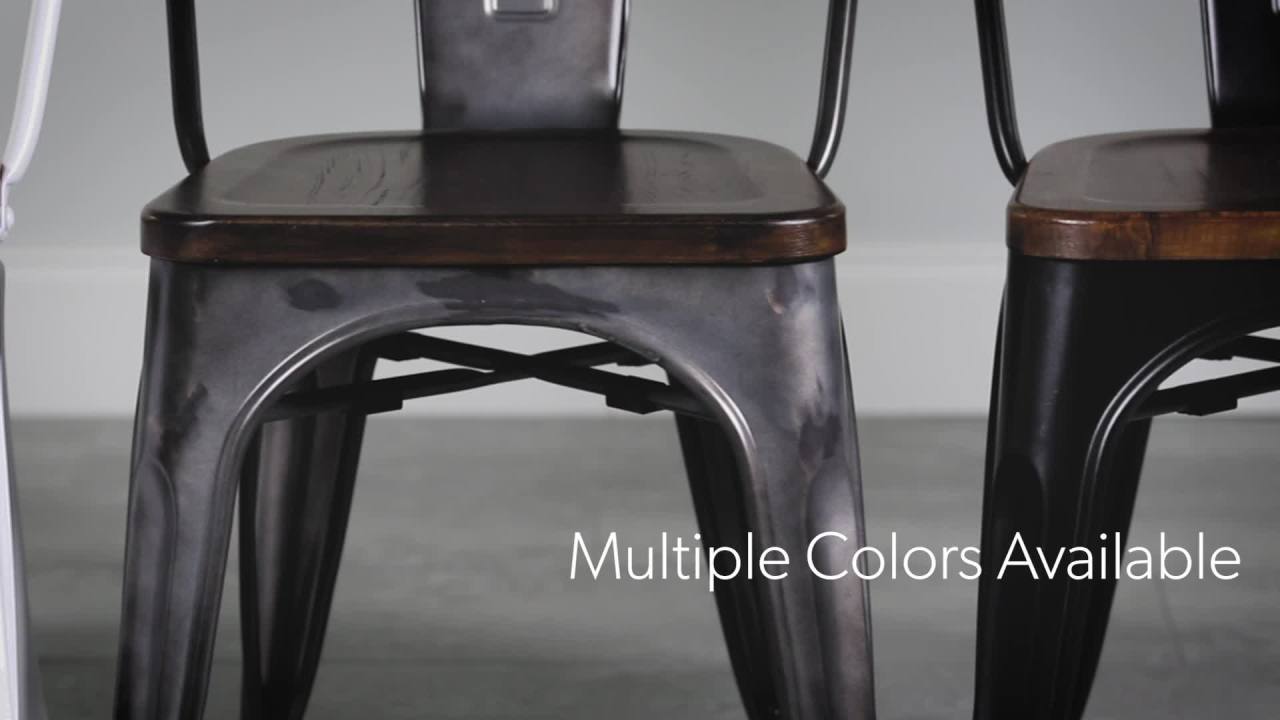 thumbnail video image 2 of OFM 161 Collection Industrial Modern 4 Pack Fully Assembled 18" High Back Metal Dining Chairs with Solid Ash Wood Seats, Galvanized Steel Chairs, in Black/Walnut (161-18-BK-WNT-4), 2 of 17