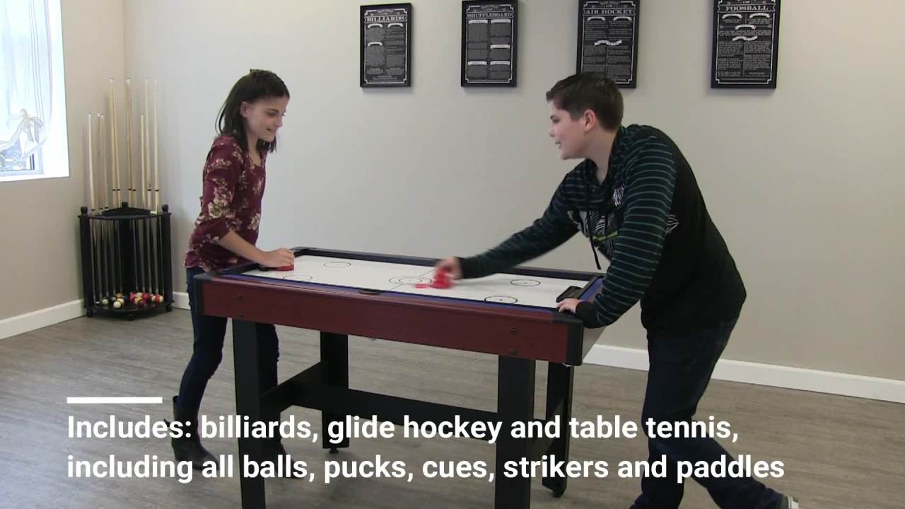 thumbnail video image 2 of Hathaway Triad Multi Game Table with Pool, Glide Hockey, and Table Tennis, 48-in, Blue/Multi, 2 of 8