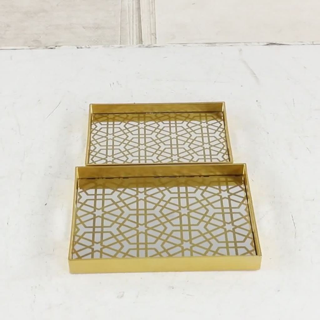 thumbnail video image 2 of CosmoLiving by Cosmopolitan 14", 16"W Gold Plastic Mirrored Geometric Tray, 2-Pieces, 2 of 10