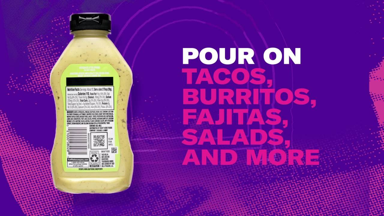 thumbnail video image 2 of Taco Bell Creamy Avocado Ranch Sauce, 12 fl oz Bottle, 2 of 16