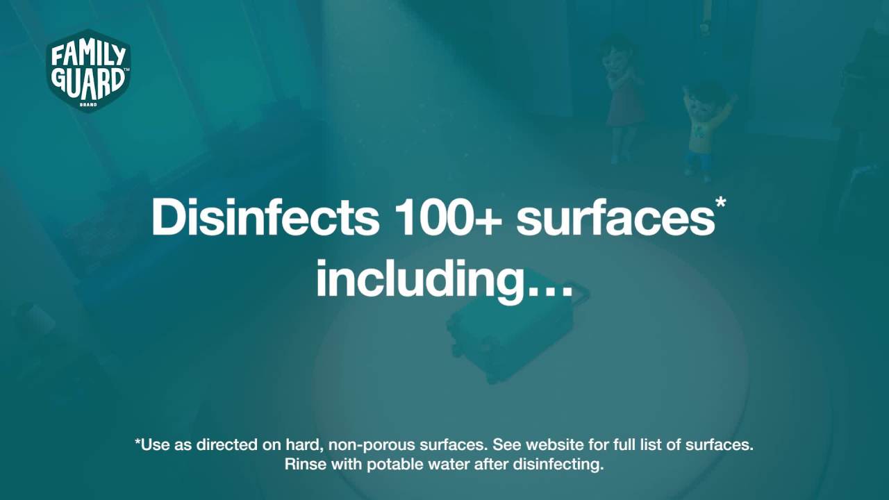 thumbnail video image 2 of FamilyGuard Brand Disinfe Countant Spray 17.5 oz, Fresh. Disinfe Counts 100+ hard, non-porous surfaces including where kids & pets play., 2 of 16