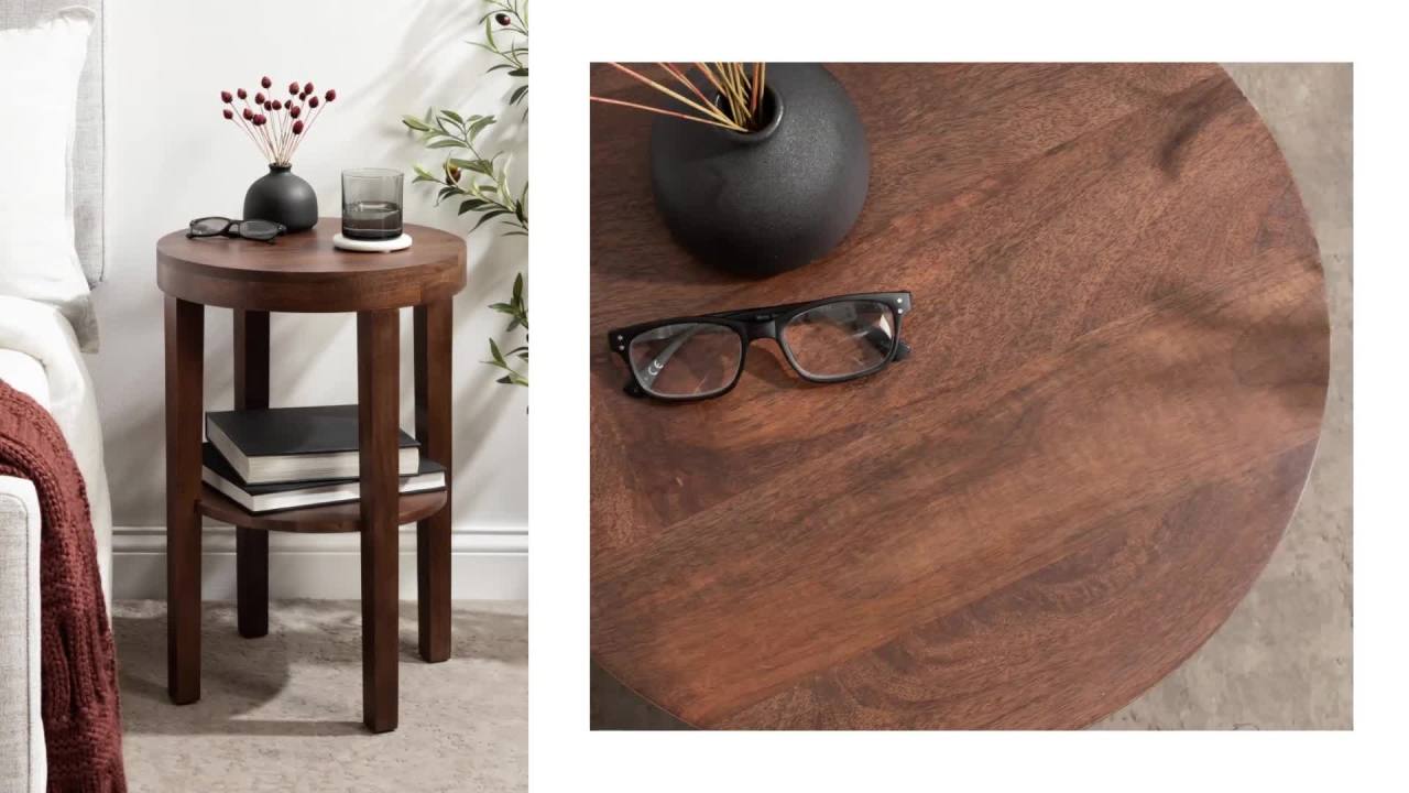 thumbnail video image 2 of Kate and Laurel Talcott Modern Round Wood Side Table, 16 x 16 x 24, Walnut Brown, Transitional Decorative Two-Tier End Table for Use as a Bedroom Nightstand or Living Room Accent, 2 of 9