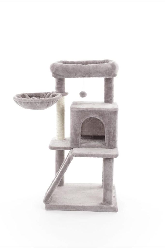 thumbnail video image 2 of TRIXIE Pepito Plush & Sisal 2-Level 39.4" Cat Tree with Scratching Posts & Condo, Gray, 2 of 8