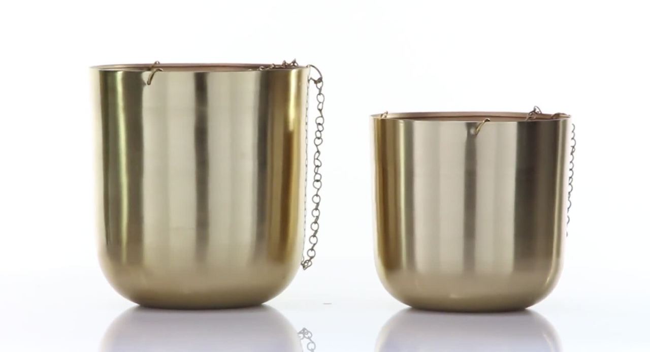 thumbnail video image 2 of CosmoLiving by Cosmopolitan 9", 11"H Round Gold Metal Hanging Dome Wall Planter with Chain (2 Count), 2 of 9