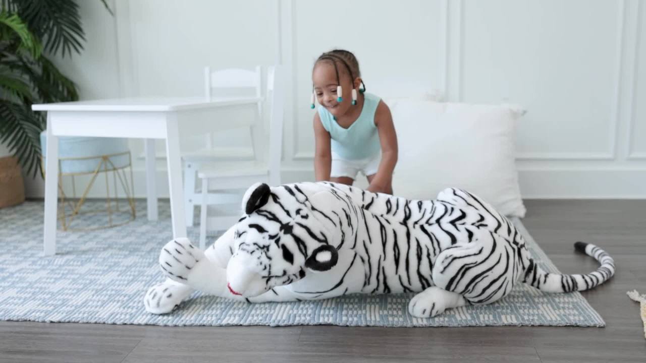 thumbnail video image 2 of Melissa & Doug Giant Siberian White Tiger - Lifelike Stuffed Animal (over 5 feet long), 2 of 10