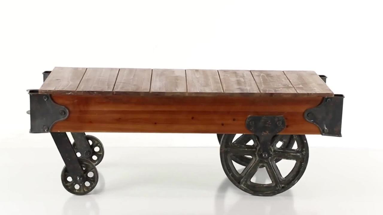 thumbnail video image 2 of DecMode 45" x 16" Brown Wood Pallet Inspired Coffee Table with Wheels, 1-Piece, 2 of 14