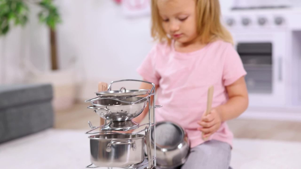 thumbnail video image 3 of Melissa & Doug Stainless Steel Pots and Pans Pretend Play Kitchen Set for Kids with Wooden Utensils (8 Pcs), 3 of 12