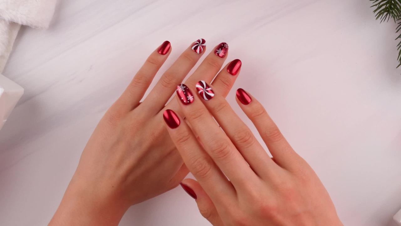 thumbnail video image 2 of KISS imPRESS Holiday Press On Nails Almond, ‘The Cute List’, Red, Medium, 30 Count, 2 of 12