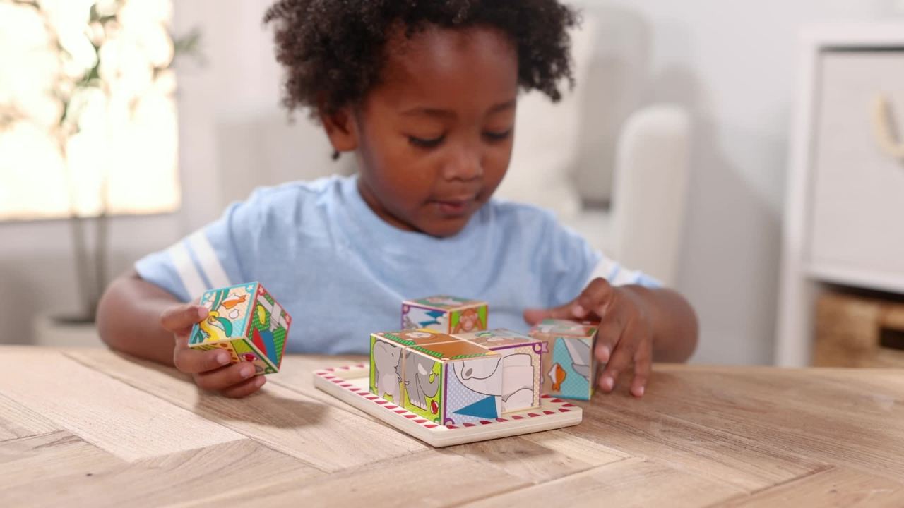 thumbnail video image 2 of Melissa & Doug 2 in 1 Wooden Cube Puzzle - Animals, 2 of 6
