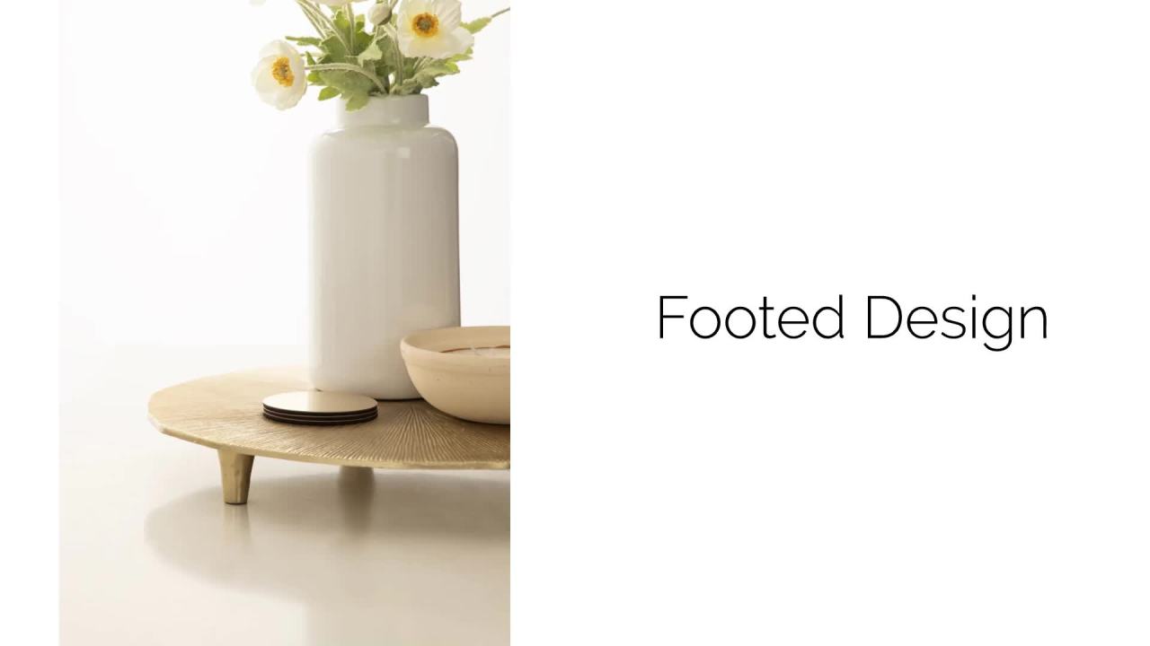 thumbnail video image 2 of Kate and Laurel Sancia Decorative Round Embossed Metal Tray with Feet, 16 Inch Diameter, Gold, Modern Circle Footed Coffee Table Tray for Use as Kitchen Counter Display or Living Room Decor Accent, 2 of 10