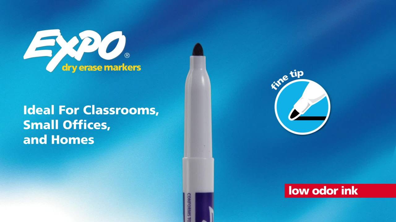 thumbnail video image 2 of Expo Low Odor Dry Erase Markers, Fine Tip, Black, 36 Count, 2 of 9