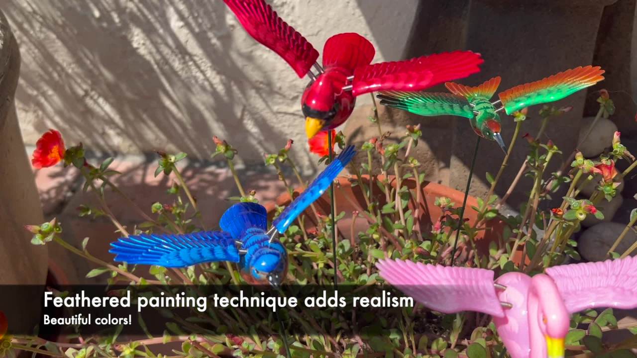 thumbnail video image 2 of Exhart 12 Piece 4" WindyWings Plant Stake Assortment in Hummingbird, Butterfly, Dragonfly, Song Bird, 6.5 x 4 x 15.5 inches, Plastic, Multicolor, 2 of 7