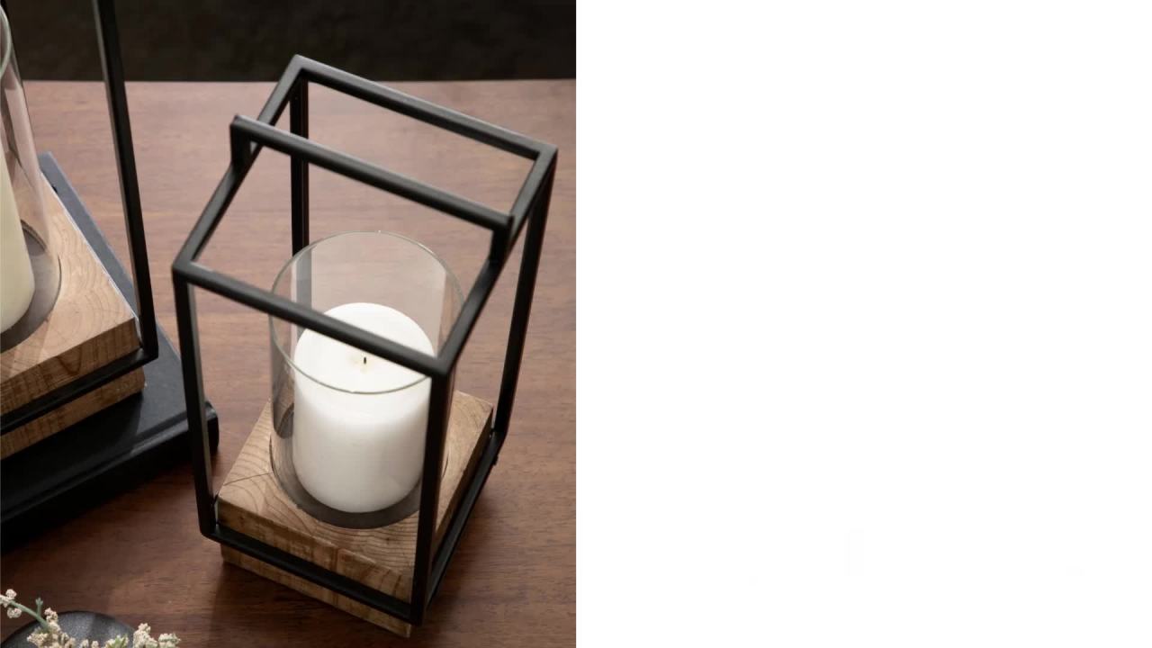 thumbnail video image 2 of Kate and Laurel Brandt Farmhouse Two-Piece Candle Holder Set, 7 x 7 x 19, Hazelnut and Black, Transitional Wood and Metal Lantern Candle Holders for Fireplace Mantel Display, 2 of 9