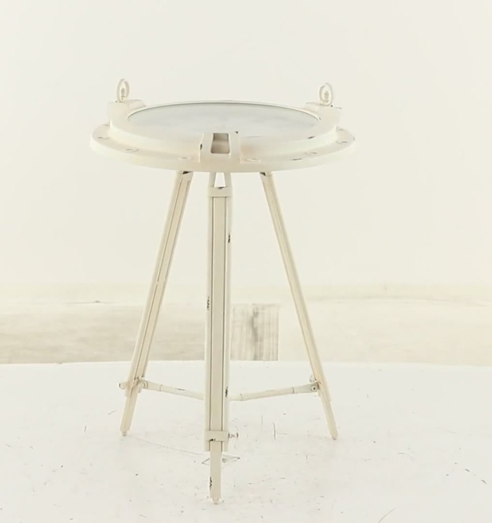 thumbnail video image 2 of DecMode 19" x 27" White Metal Compass Accent Table with Clock and Clear Glass Top, 1-Piece, 2 of 9